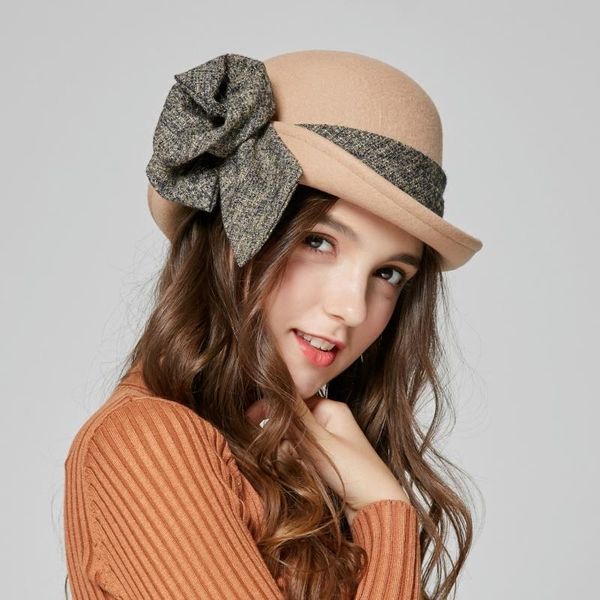 

stingy brim hats arrival fedoras hat lady autumn winter bow flowers dome girls british elegant woolen leisure travel b-7901, Blue;gray