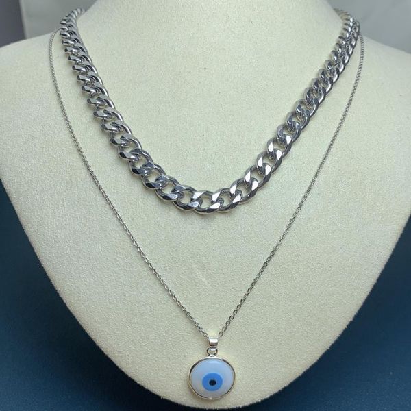 

pendant necklaces classic round blue evil eye necklace for women 2021 double layer stainless steel choker women's jewelry, Silver