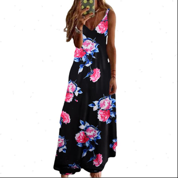 

5xl plus size women clothing summer long dresses sleeveless v neck casual loose dress flower print spaghetti strap maxi dress, Black;gray