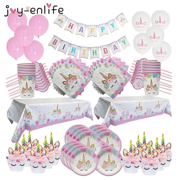 Unicorno Birthday Party Set Decorazione Piatti usa e getta Tovaglia Primo compleanno Ragazza Party Baby Shower Unicornio Party Decor Y201006