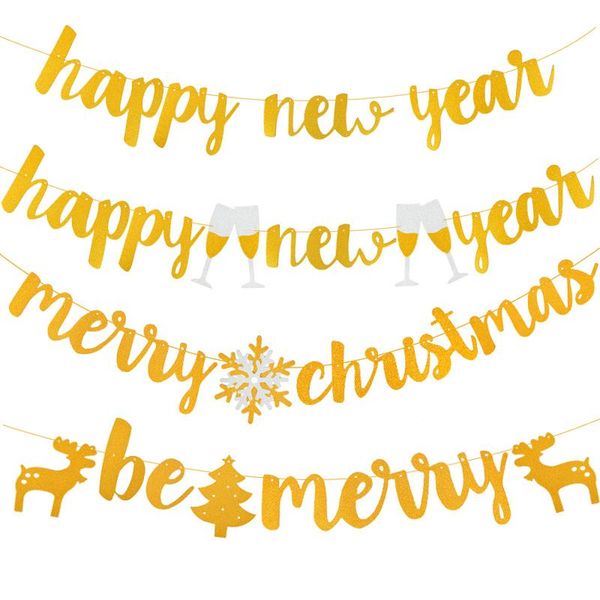 

party decoration 1set gold merry christmas happy year banner garland paper flag snowflake deer santa claus bunting for 2021 decor
