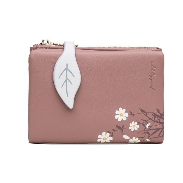 

wallets 2021 pu printed ladies short card holder wallet zipper leaf coin purse buckle student small female bag, Red;black
