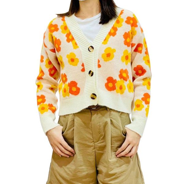 

women's knits & tees autumn cropped sweater cardigan floral single-breasted long sleeve knitwear loose casual ladies knitted jacket, White