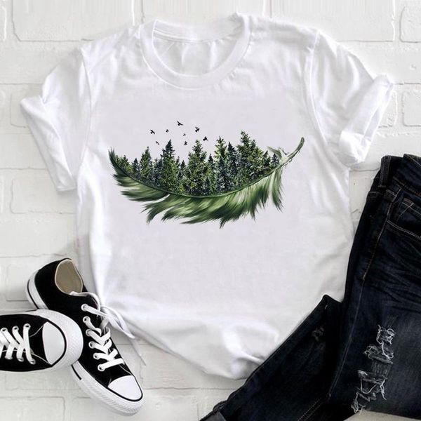 

women 2021 feather bird short sleeve printing spring fashion lady clothes print tshirt female tee ladies graphic t-shirt, White