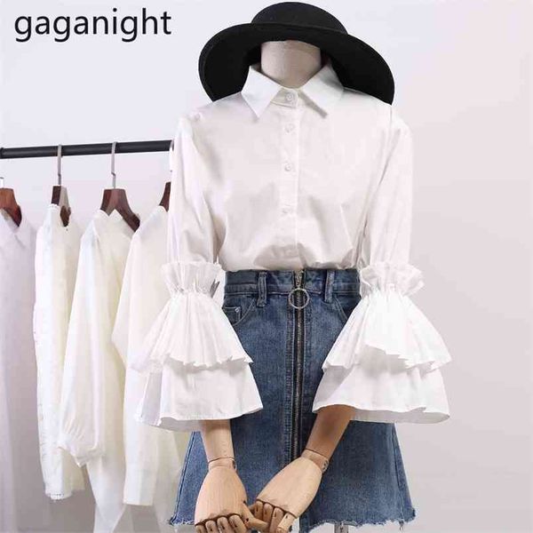 

korean elegant women blouse fashion butterfly sleeve turn down collar ol shirt spring autumn blusas solid outwear 210601, White