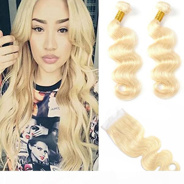

peruvian human hair body wave blonde 613# bundles with 4x4 lace closure 3 pieces lot hair products double wefts with closure 613 color, Black;brown