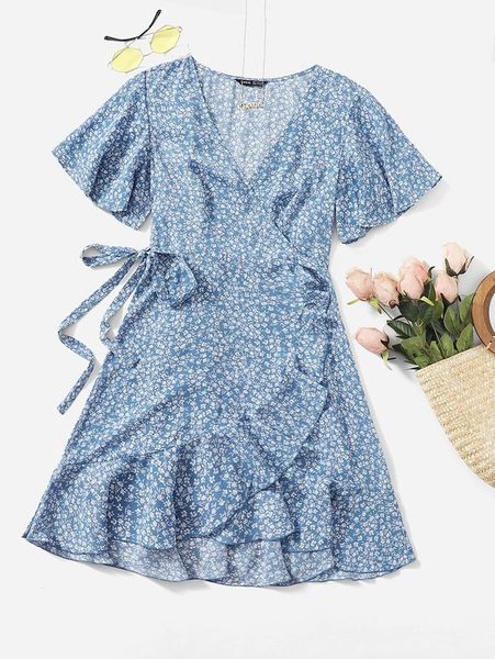 

ditsy floral ruffle trim wrap belted dress she, Black;gray
