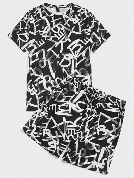 

men allover letter graphic tee & drawstring waist shorts g7vb#, Gray