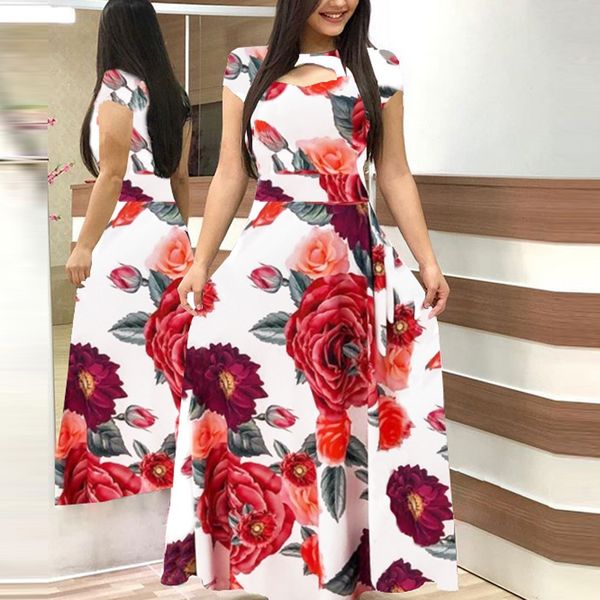 

ummer boho floral print women dress casual short sleeve long dress elegant holiday party dress ladies maxi jzha, Black