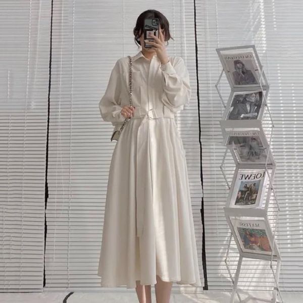 

casual dresses [ewq] korea chic apricot long shirt dress for women early autumn lapel sleeve with belt female fashion 2021, Black;gray