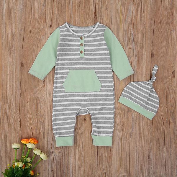 

jumpsuits casual born baby boy girl long sleeve striped romper jumpsuit hat 2pcs clothes, Blue