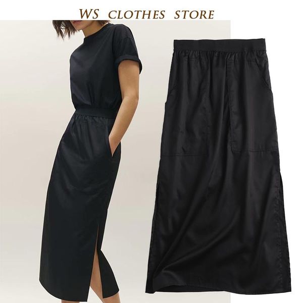 

skirts md 2021 fashion simple pockets elastic waist thigh-high slit midi female england style casual fitted chic skirt mujer, Black