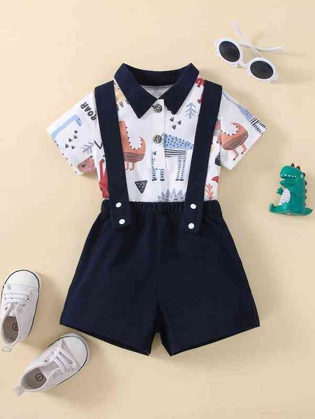 

baby cartoon animal print polo neck bodysuit with pinafore shorts she, White