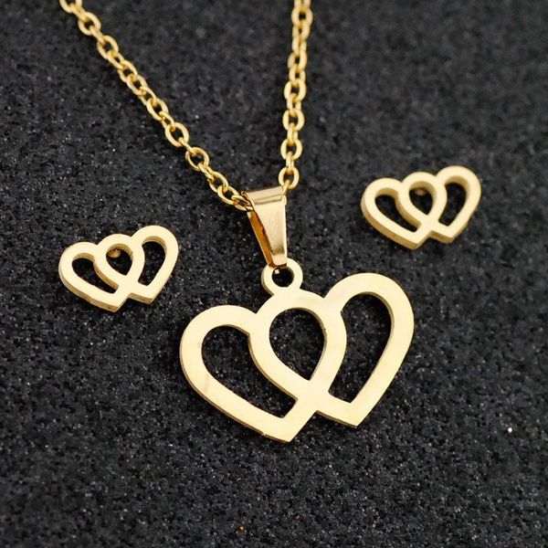 

earrings & necklace simple 2 linked heart pendant couple stainless jewelry set romantic bridal collar wedding wholesale, Silver