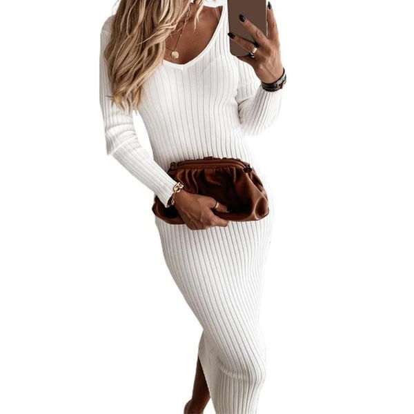 

women autumn solid color v neck long sleeve ribbed knitted bodycon maxi dress, Black;gray