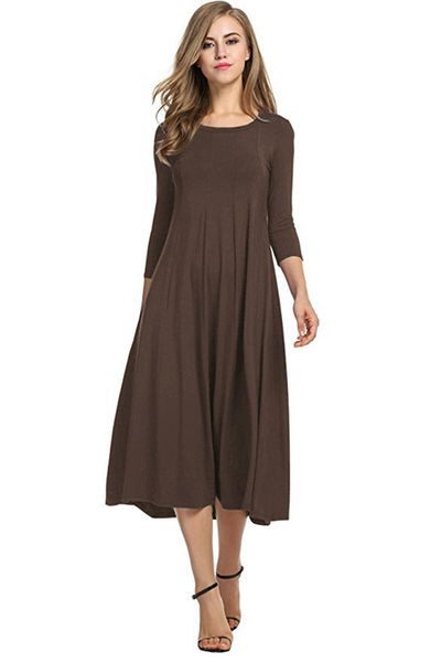 

three quarter sleeve casual dresses for women autumn pleated elegant o neck party femme robe plus size midi dress, Black;gray