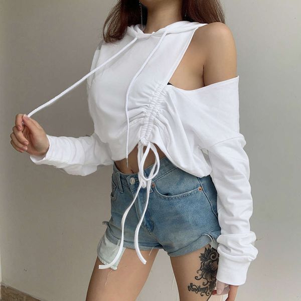 

hollow autumn shoulder 2021 personality new men's drawstring hooded casual off navel top, White