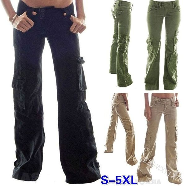 

2021 women's multi pocket leisure large slim outdoor sports pants, Black;green