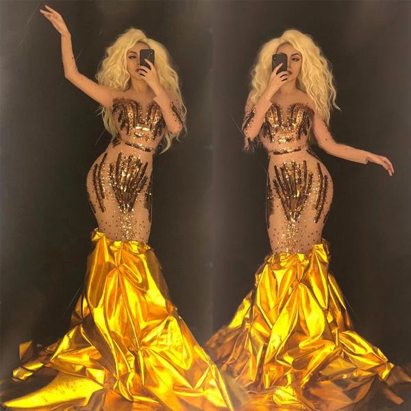 

stage wear full rhinestone dress sleeveless net yarn gold tail long festival clothing rave outfit gogo costume xs2713, Black;red