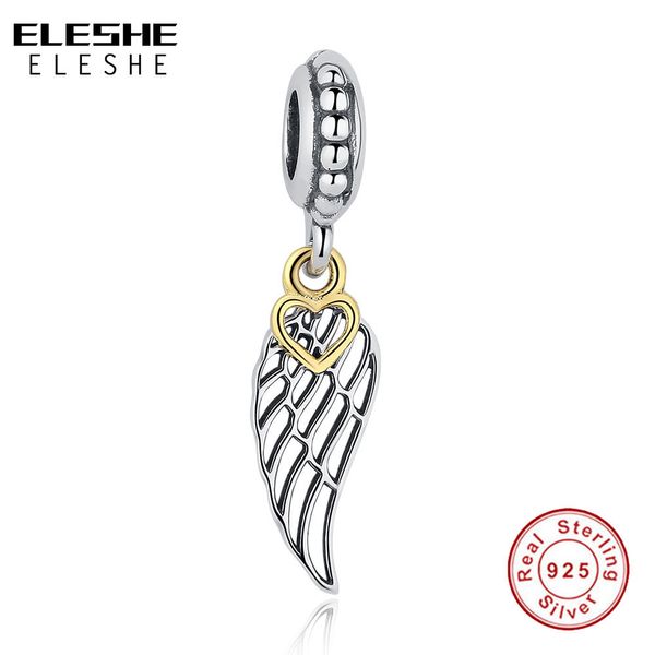 Eleshe Authentic 925 Sterling Silver Angel Wing PendantCharm Fit Original Eleshe Bracelete com Coração Jóias Two-Tone Fazendo Q0531