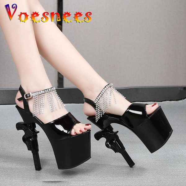 

sandals voeseees brand 2021 gun heel women's shoes heels platform diamonds fringe stripers dance girls, Black