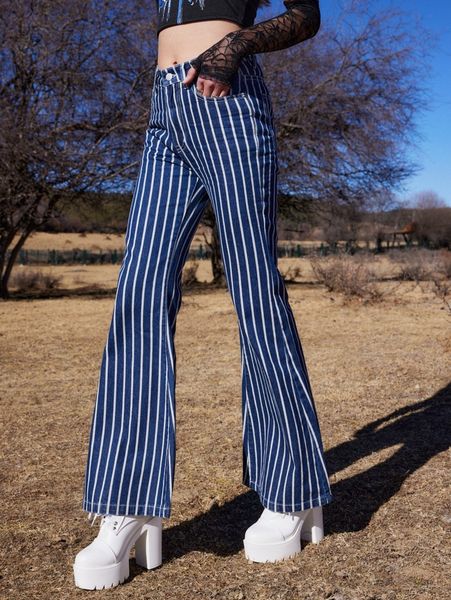 

romwe striped flare leg jeans r8w6#, Blue