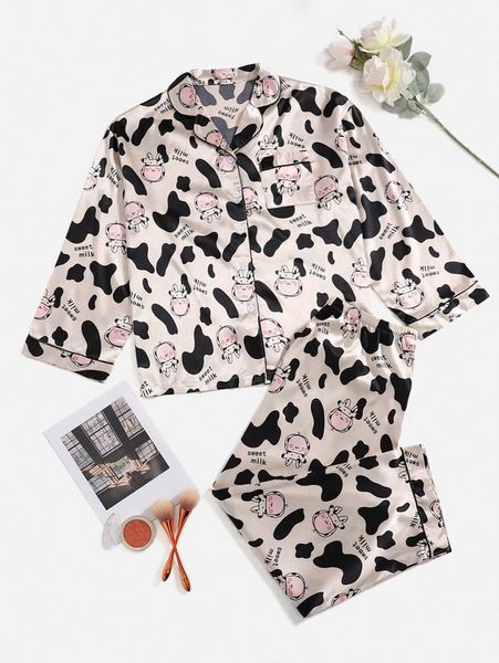 

plus letter & cow print contrast piping satin pj set e0zn#, Black;white