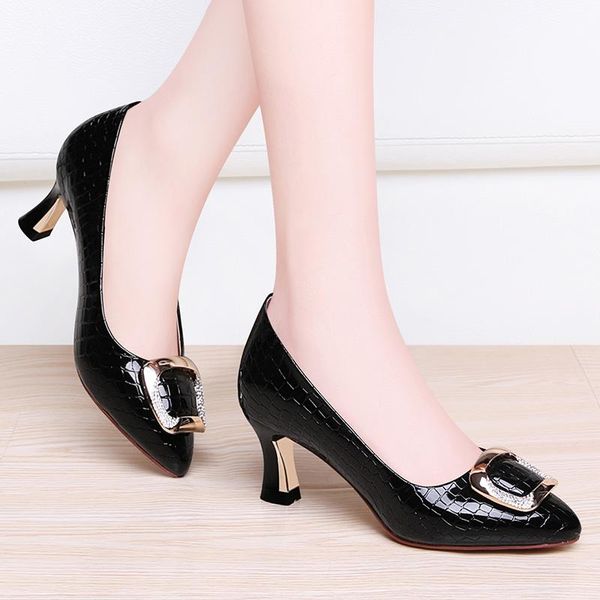 

dress shoes mid-heel all-match stiletto leather small heel single shoe scoop, Black