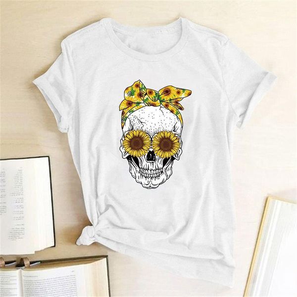 

2021 new model funny skull punk cotton t shirt women fashion casual short sleeve sun flowers tshirts chemise femme mujer, White