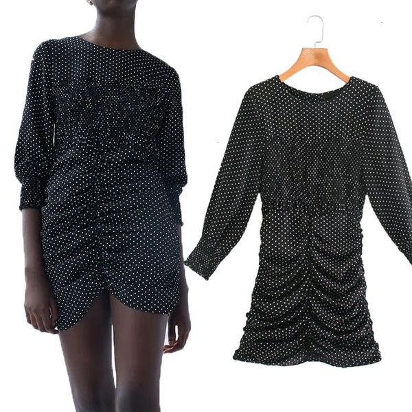 

new women 2021 wrap dress ruched elegant woman polka dot round neck black mini gathered hem zip ladies dresses suj6 mhsq, Black;gray