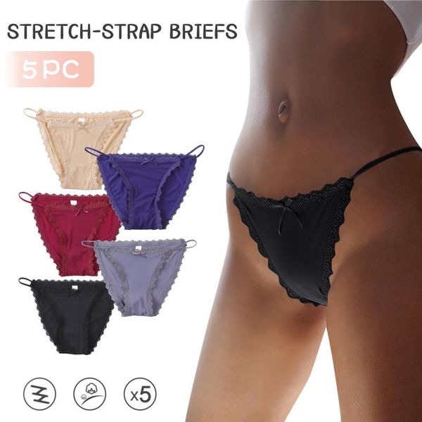 

women's panties 5pcs low waist lace lady cotton five-piece ice silk seamless ribbon underwear breathable 2021, Black;pink