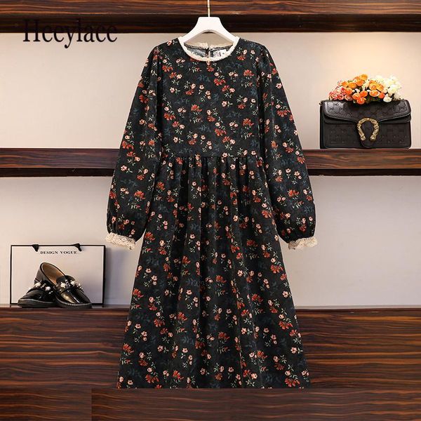 

casual dresses plus size women autumn winter vintage flower print corduroy dress 2021 lace patchwork o-neck long sleeve korean floral, Black;gray