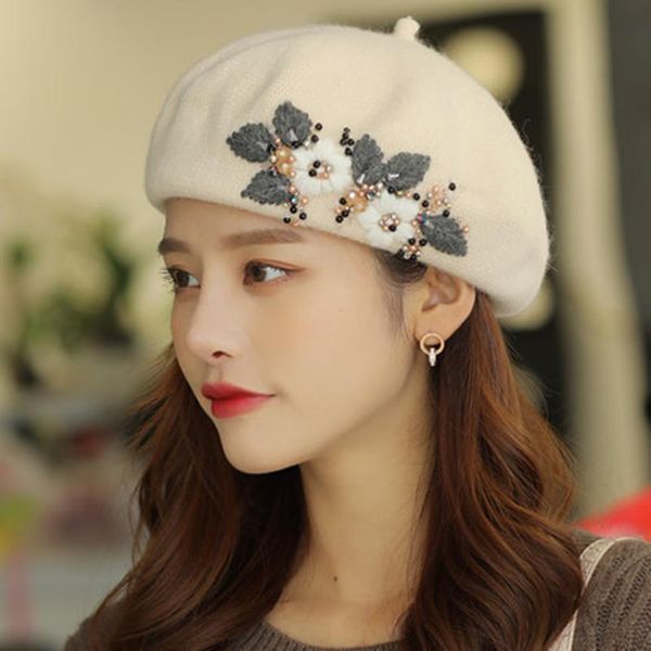 

berets beret hats for women french artist hat fashion ladies winter beanie embroidered handmade flower with colorful crystal, Blue;gray