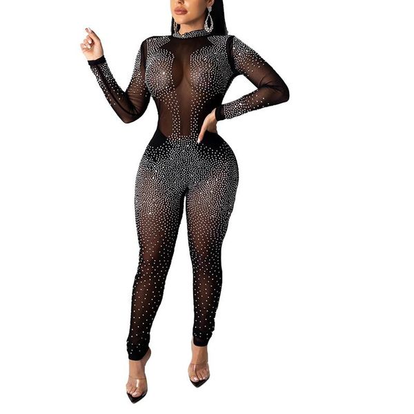 

women's jumpsuits & rompers women nightclub perspective outfit mesh crystal see through, Black;white