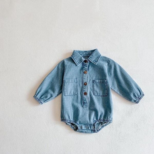 

jumpsuits infant born baby romper cotton cowboy long sleeves girl clothes spring casual collar shirt boy clothing, Blue