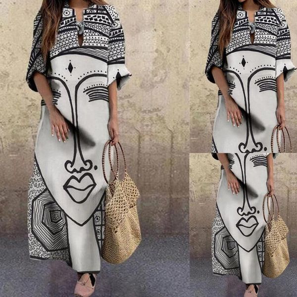 

casual dresses 2021 summer and autumn women's fashion face printing v-neck loose large size dress, Black;gray