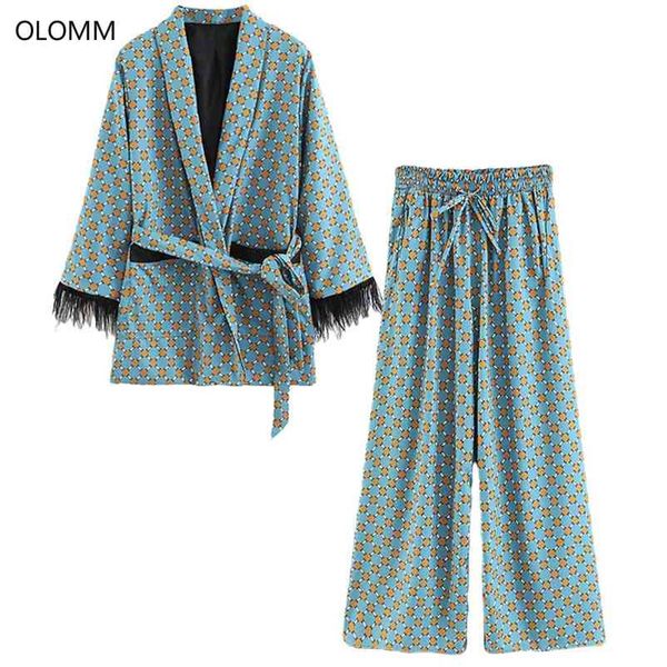 Abiti da donna Arrivo Giacca kimono stampata blu con maniche di piume Pantaloni a gamba larga due pezzi Abiti vintage 210527
