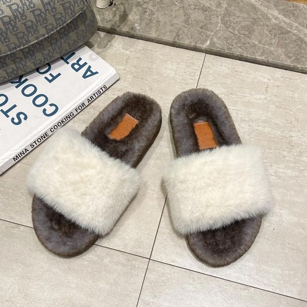 

slippers whnb 2021 summer fashion artificial fur comfortable open toe women's non slip indoor flat 35-40, Black