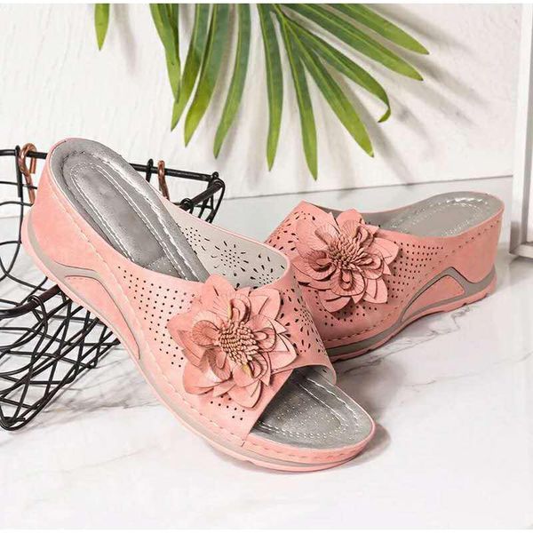 

slippers fashion female shoes woman women summer slides ldies casual hollow floral sandals wedges platform sewing, Black