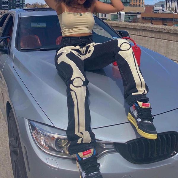 

women's jeans skeleton skull patterned low rise hip hop streetwear women black denim trousers cyber y2k goth pants fall baggy bottom 90, Blue