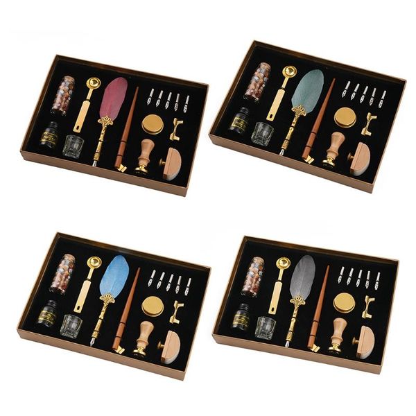 

retro calligraphy quill feather dip pen with nibs wax seal stamp holder gift box stationery school supplies
