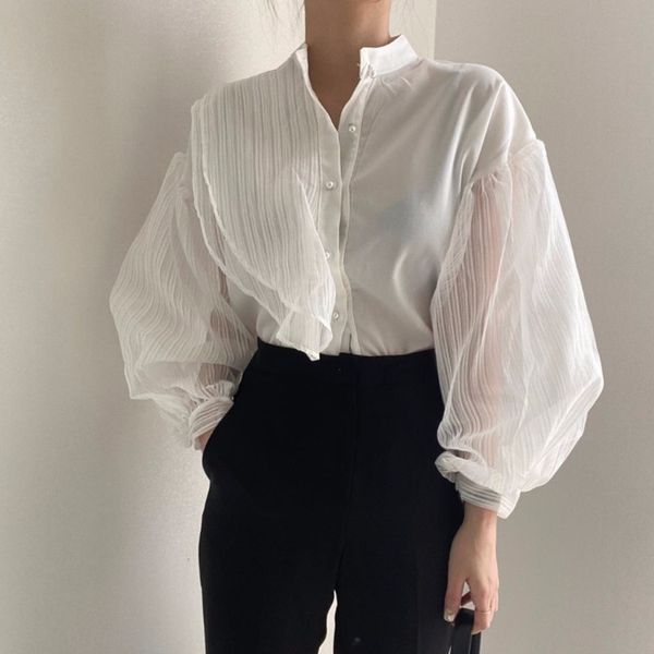 

[ewq] spring new stand collar chic pearl button loose perspective mesh stitching lantern sleeve shirt women blouse blusas 210225, White