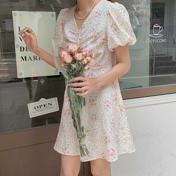 

flower print elegant v-neck mini dress female sweet fresh dresses for women fashion temperament vestido feminino 210525, Black;gray