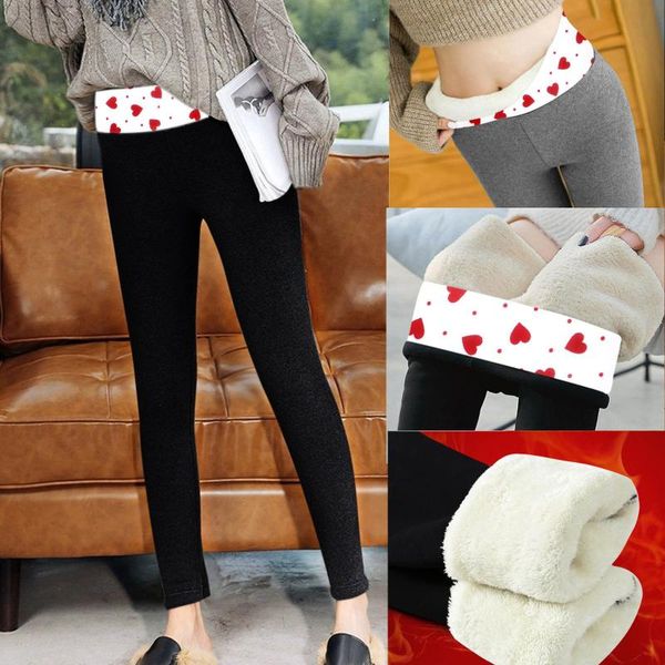 

women's leggings heart printed women casual stretchy high waist keep warm long pants thick velvet comfortable trousers, Black
