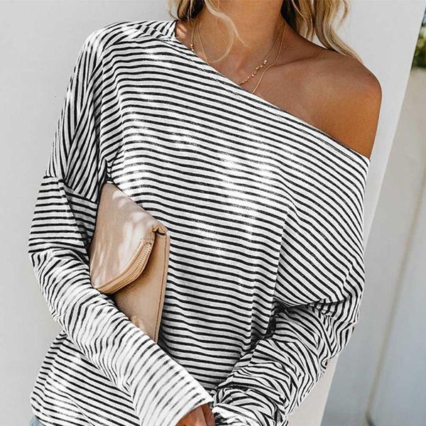 

one shoudler t shirt fashion loose striped batwing sleeve t-shirt asymmetrical cut women's personality tee, White