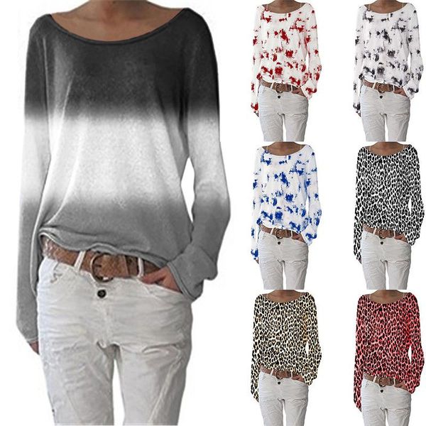 

women's t-shirt cross-border 2021 autumn/winter color change tie-dye wide-neck long-sleeved wear., White