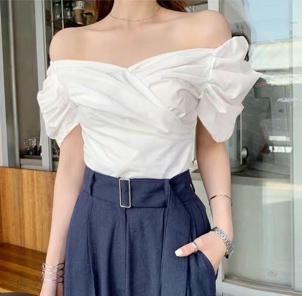 

women's blouses & shirts slash neck off shoulder blusas women 2021 summer elegant pleated short sleeve blouse vintage lady white
