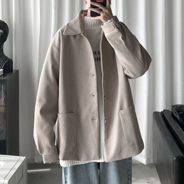 

2021 style short men's fashion solid color casual lapel coat men woolen jacket mens overcoat s-2xl 8pil, Black
