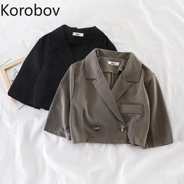 

women's jackets korobov 2021 arrival turn-down collar button women coats long sleeve pockets crop female preppy style chaquter mujer, Black;brown
