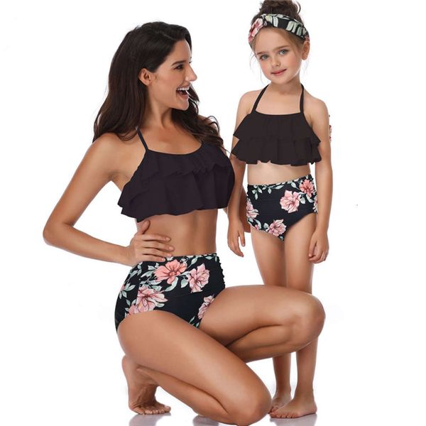 

swimsuit printed high waist bikini parent child, White;black